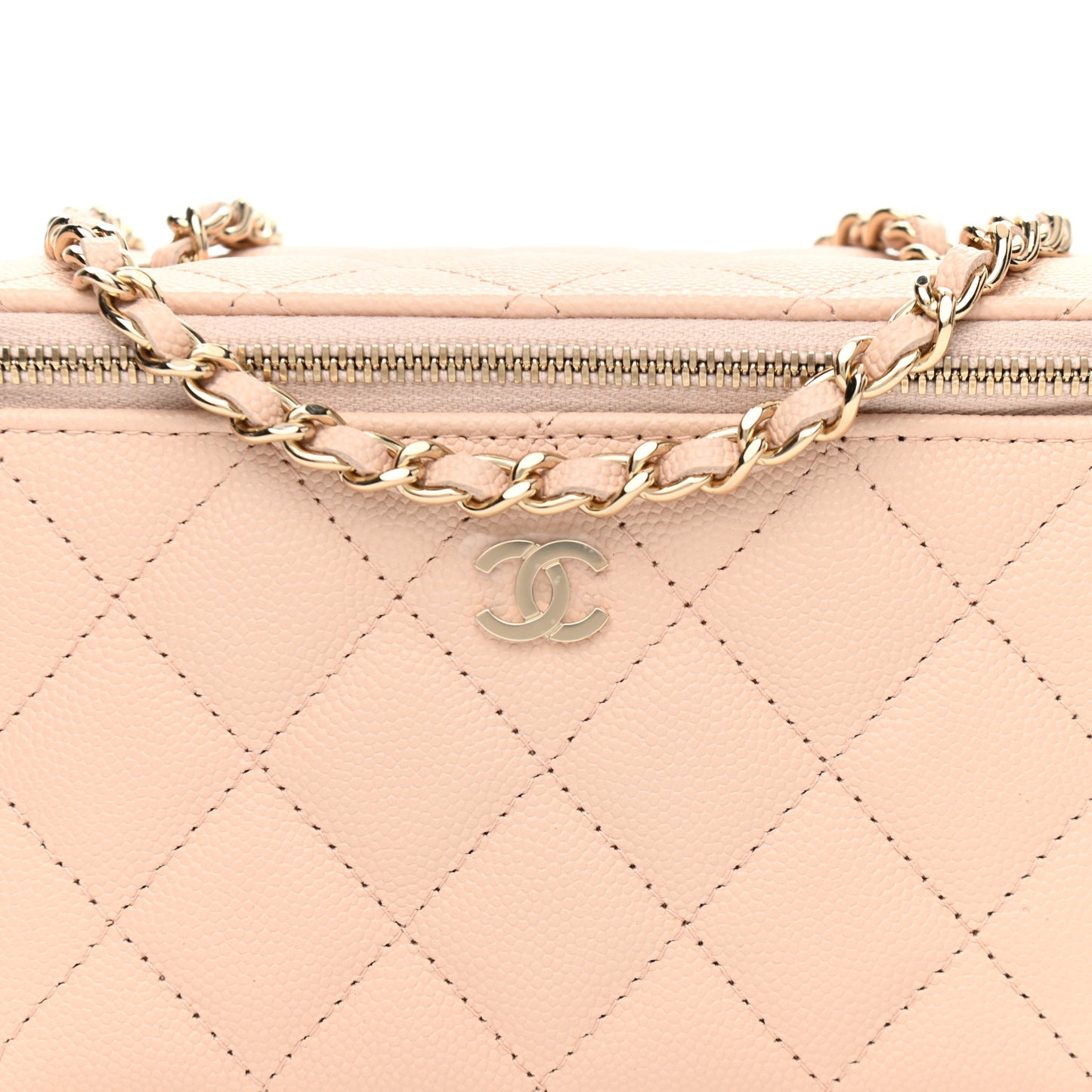Caviar Quilted Small Vanity Case With Chain Light Beige