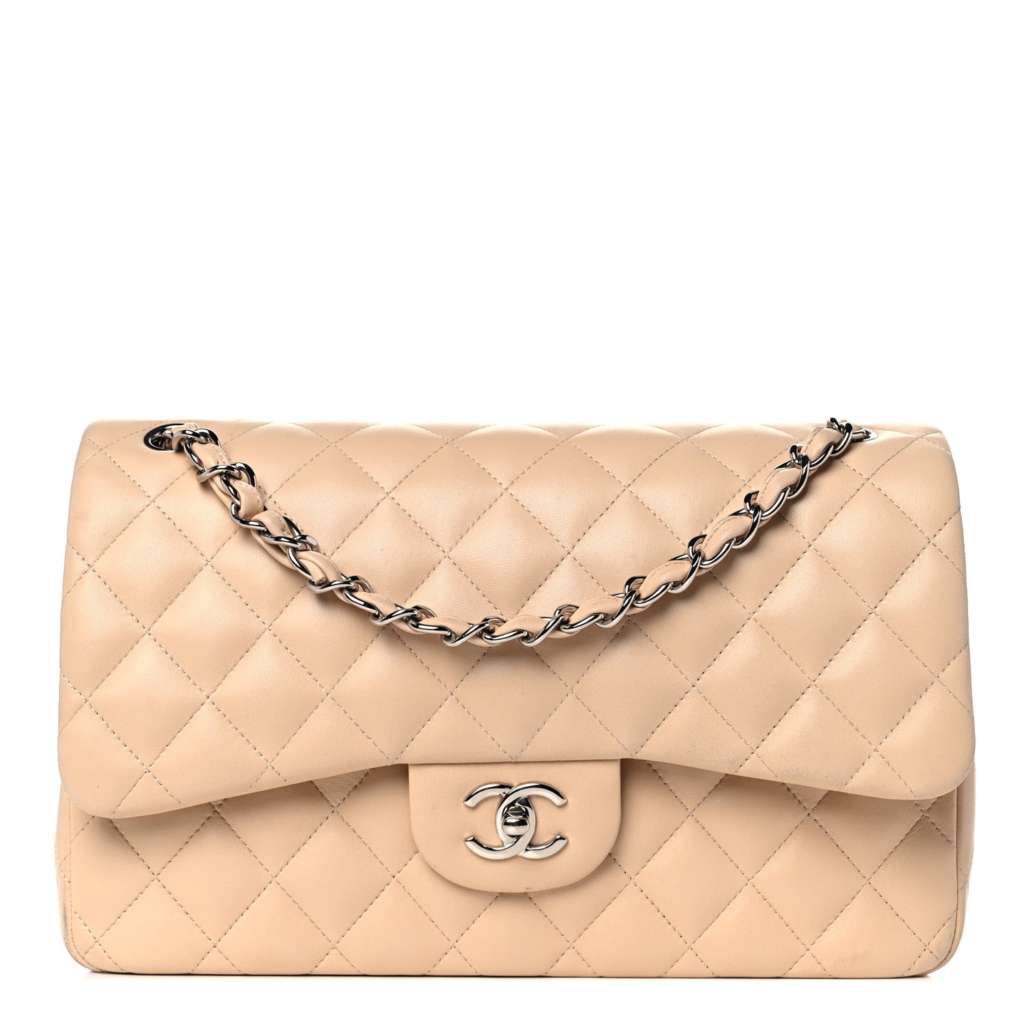 Lambskin Quilted Jumbo Double Flap Beige