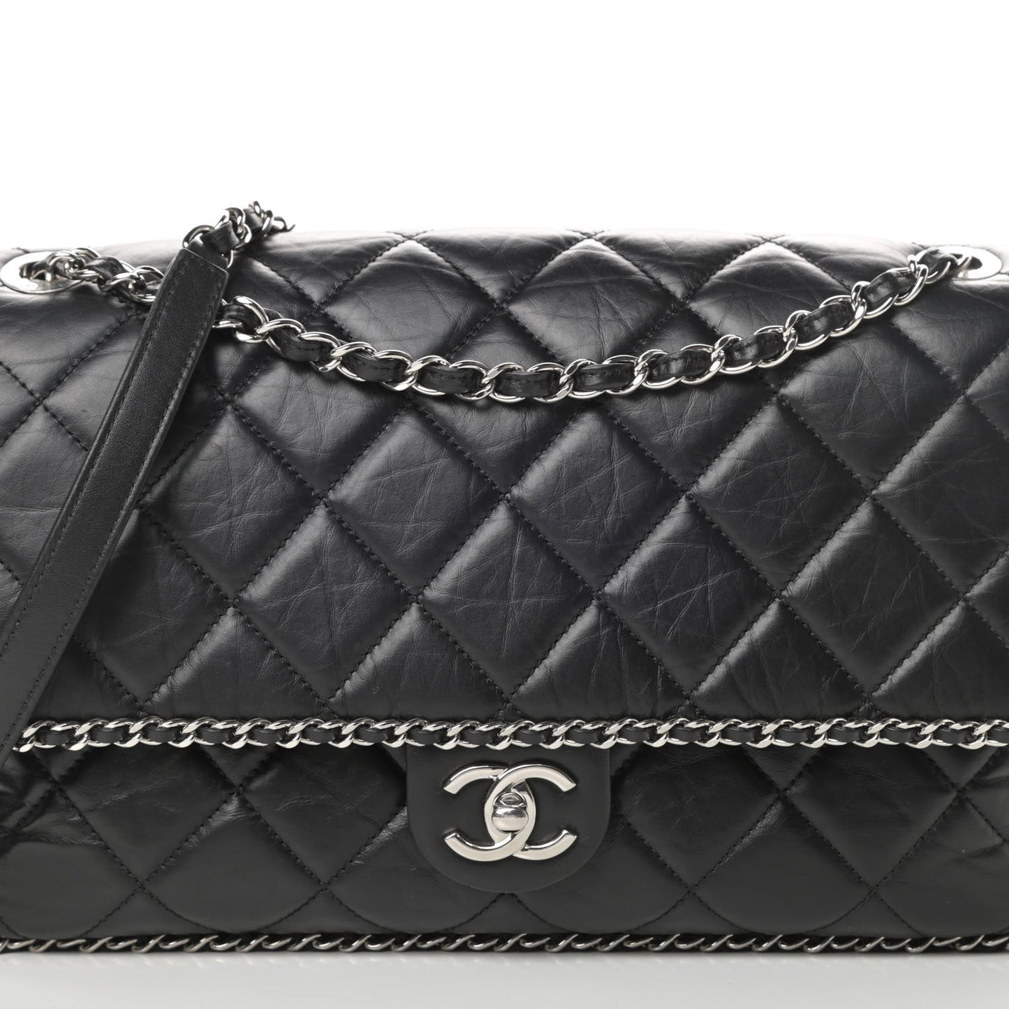 Crumpled Calfskin Quilted Large Chain All Over Flap Bag Black