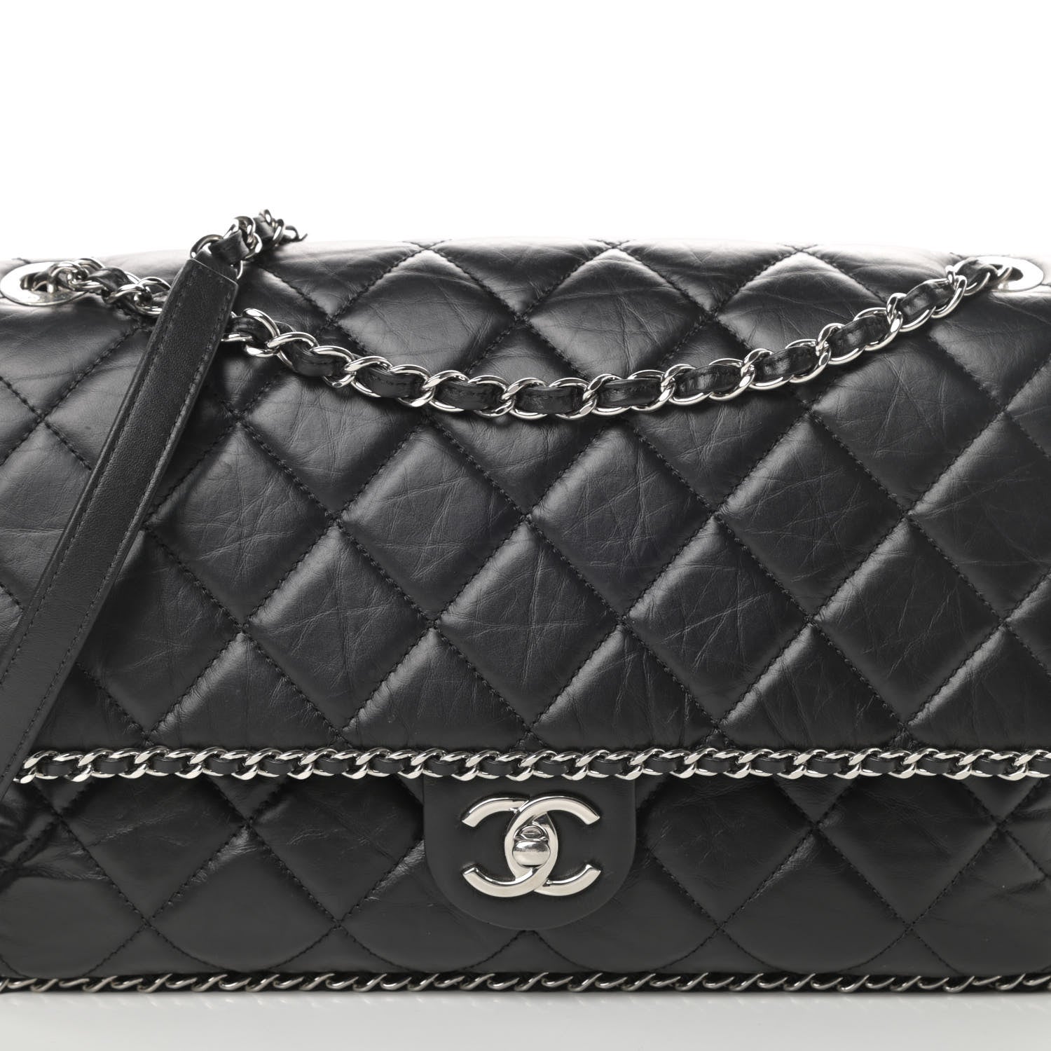 Chanel Crumpled Calfskin Quilted Large Chain All Over Flap Bag Black 8 of 11