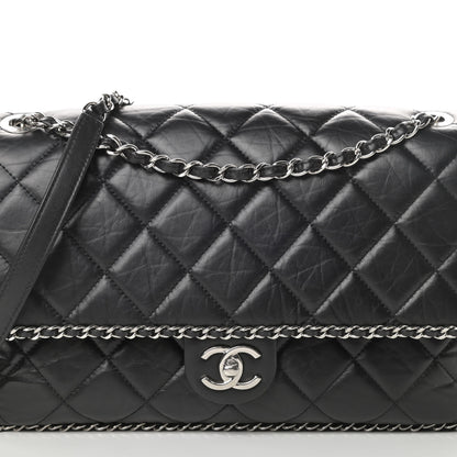 Chanel Crumpled Calfskin Quilted Large Chain All Over Flap Bag Black 8 of 11