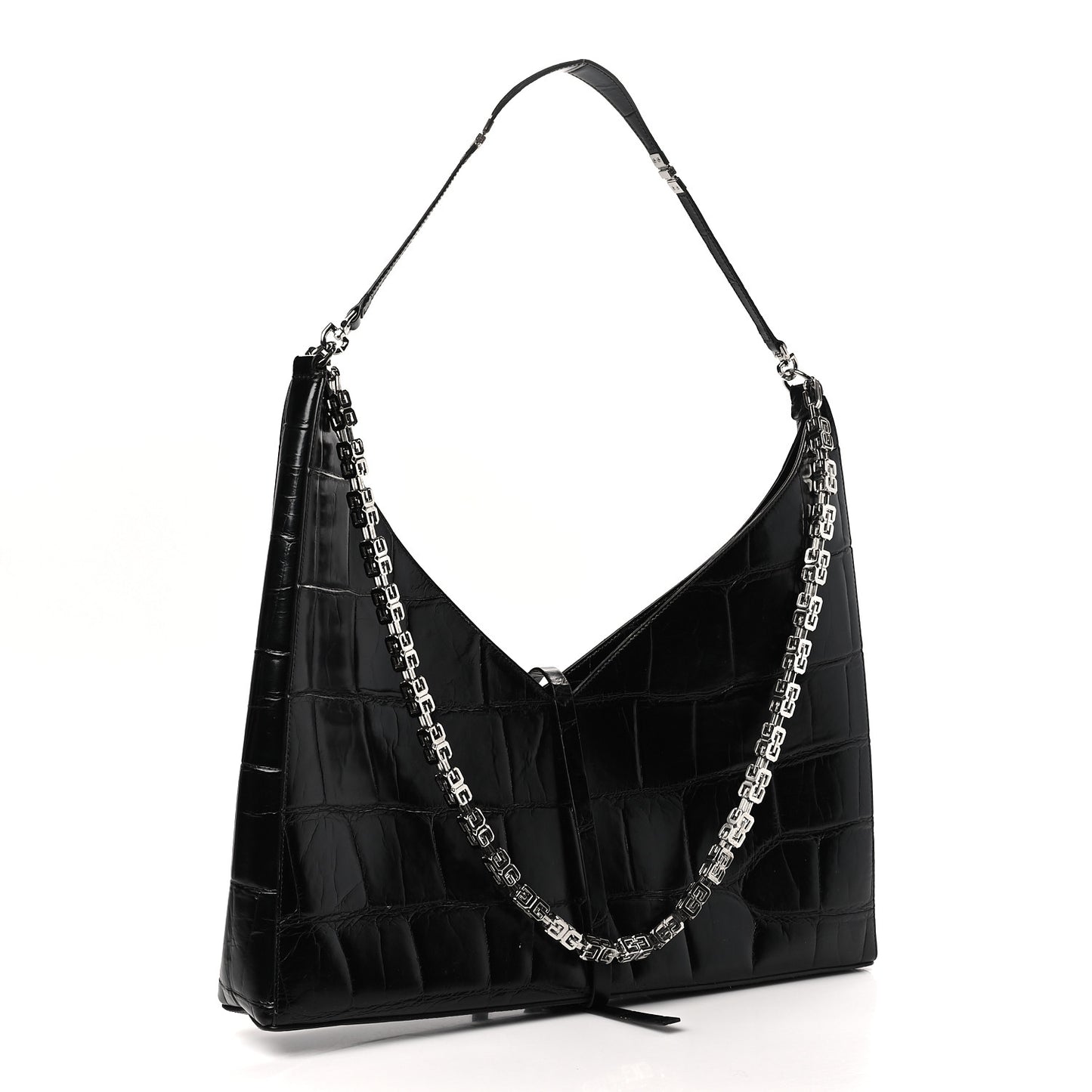 Calfskin Crocodile Embossed Large Cut Out Shoulder Bag Black