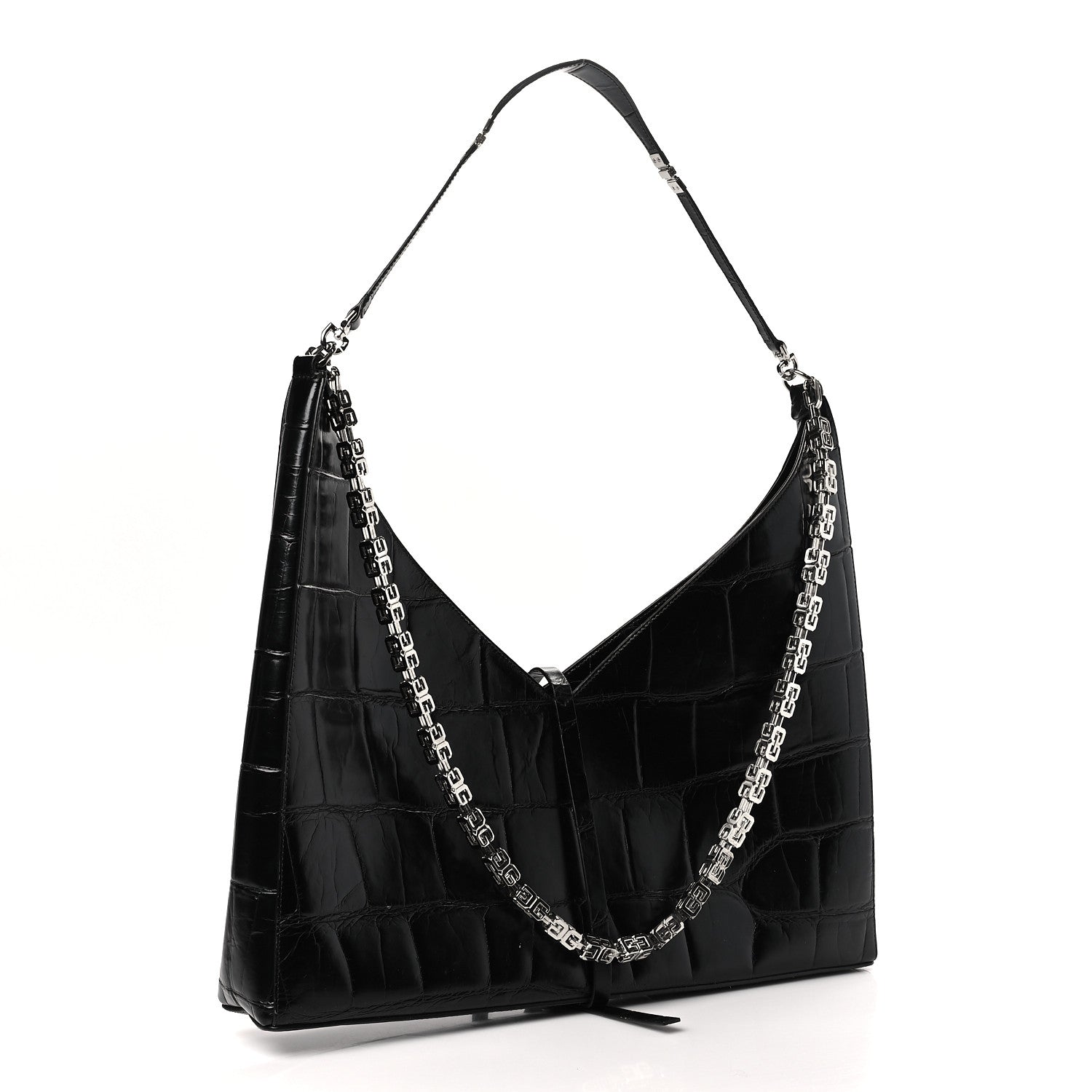 Givenchy Calfskin Crocodile Embossed Large Cut Out Shoulder Bag Black 3 of 8