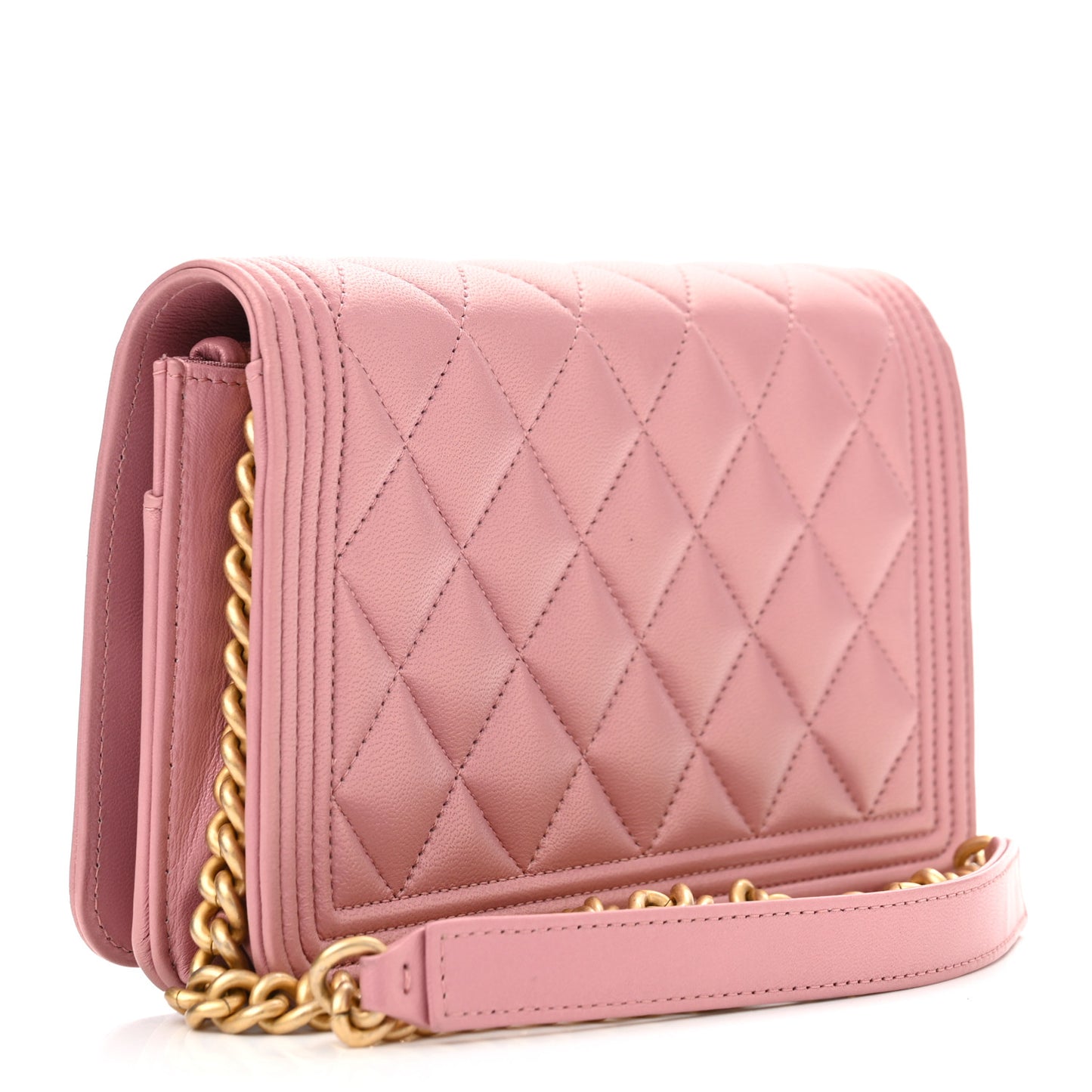 Metallic Lambskin Quilted Boy Wallet On Chain WOC Pink