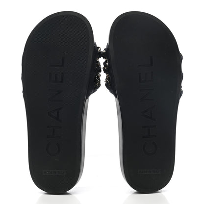 Chanel Satin Canvas Chain Slides Sandals Flats 35 Marine 5 of 8