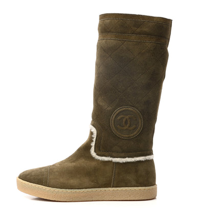 Chanel Suede Shearling Boots 36.5 Khaki 1 of 8