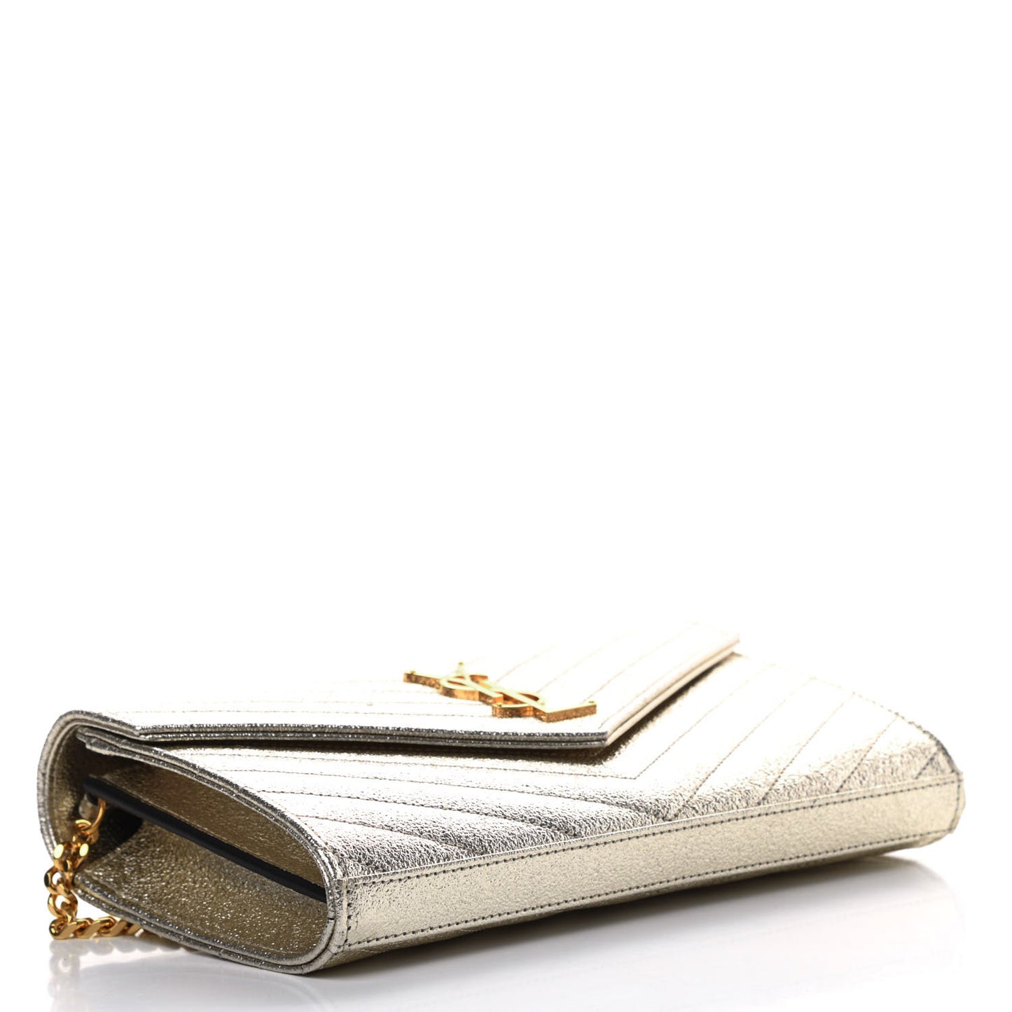 Metallic Grain De Poudre Matelasse Chevron Monogram Chain Wallet Gold