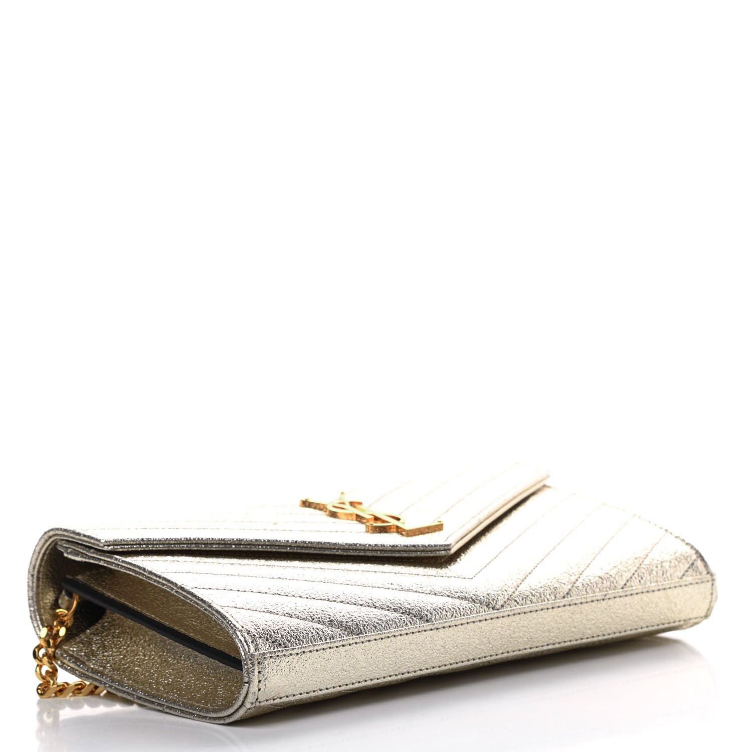 Saint Laurent Metallic Grain De Poudre Matelasse Chevron Monogram Chain Wallet Gold 4 of 12