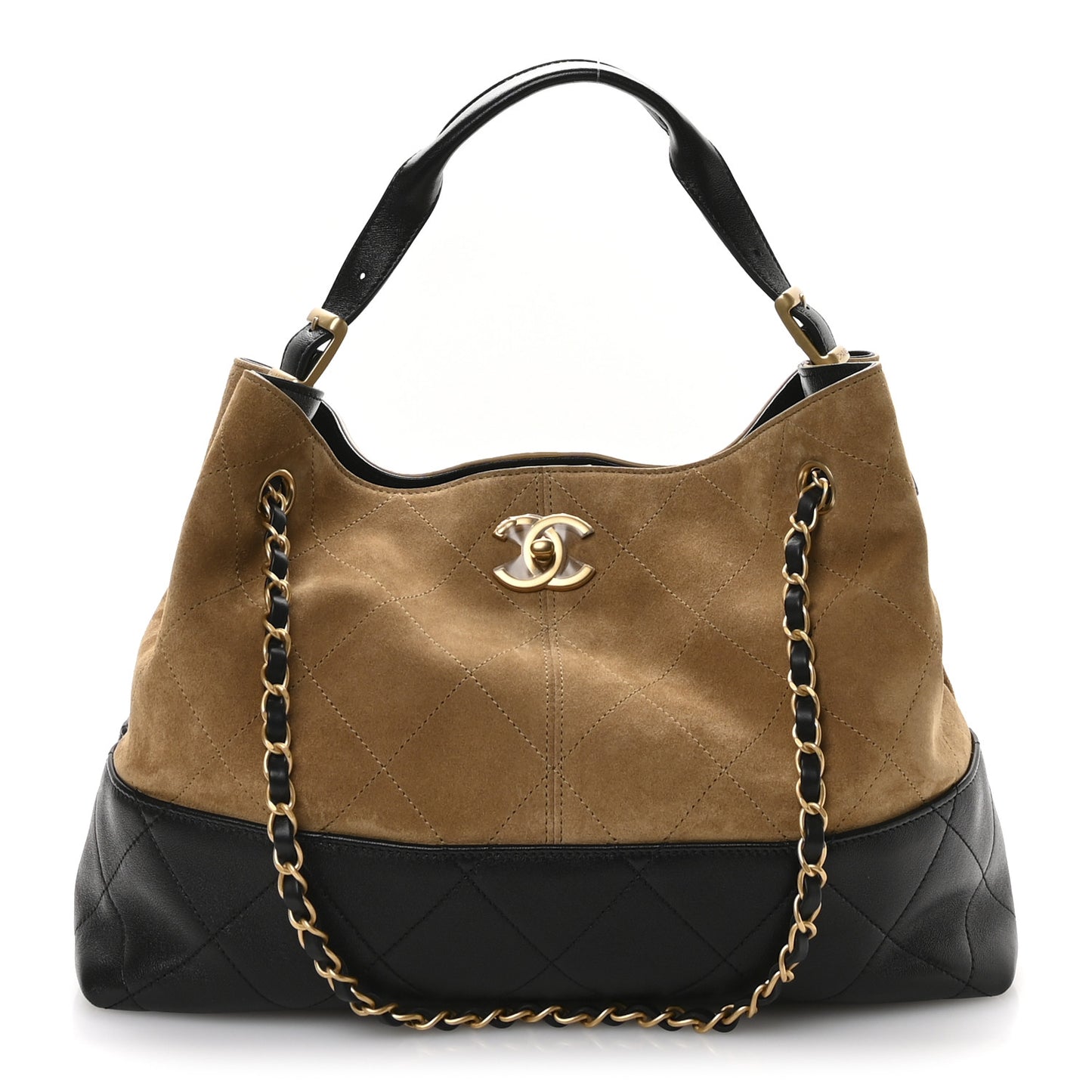 Suede Calfskin Shiny Lambskin Quilted Small Coco Base Shopping Bag Beige Black