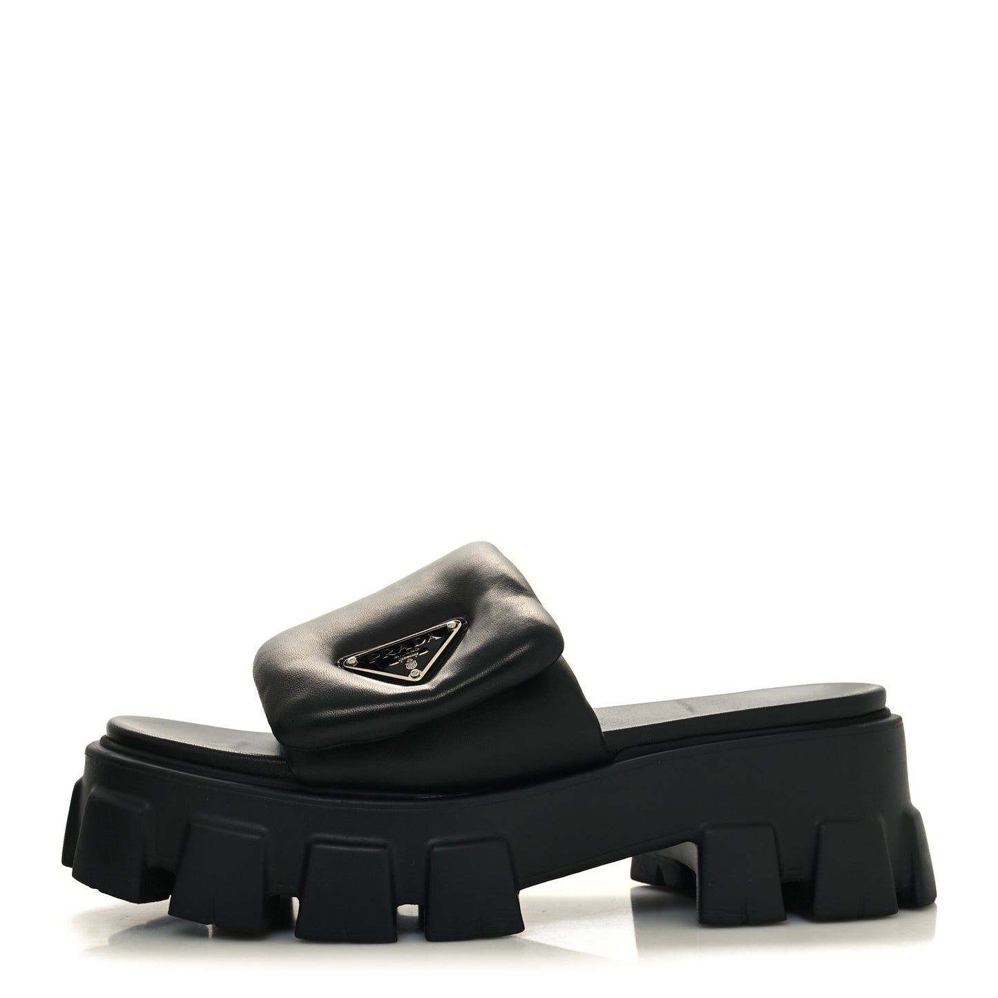 Nappa Soft Padded Metal Triangle Logo Monolith 55mm Slide Sandals 39 Black