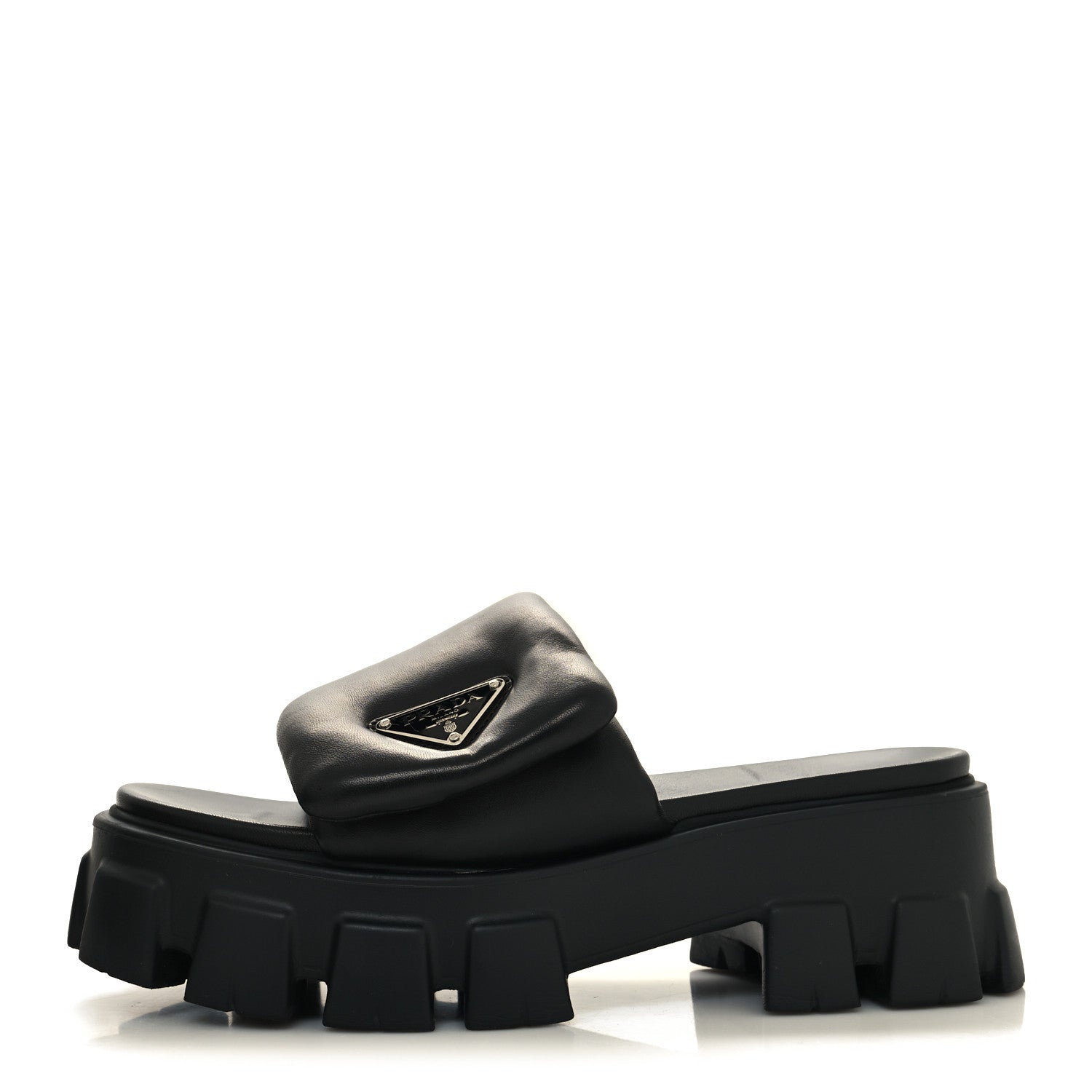 Prada Nappa Soft Padded Metal Triangle Logo Monolith 55mm Slide Sandals 39 Black 1 of 9