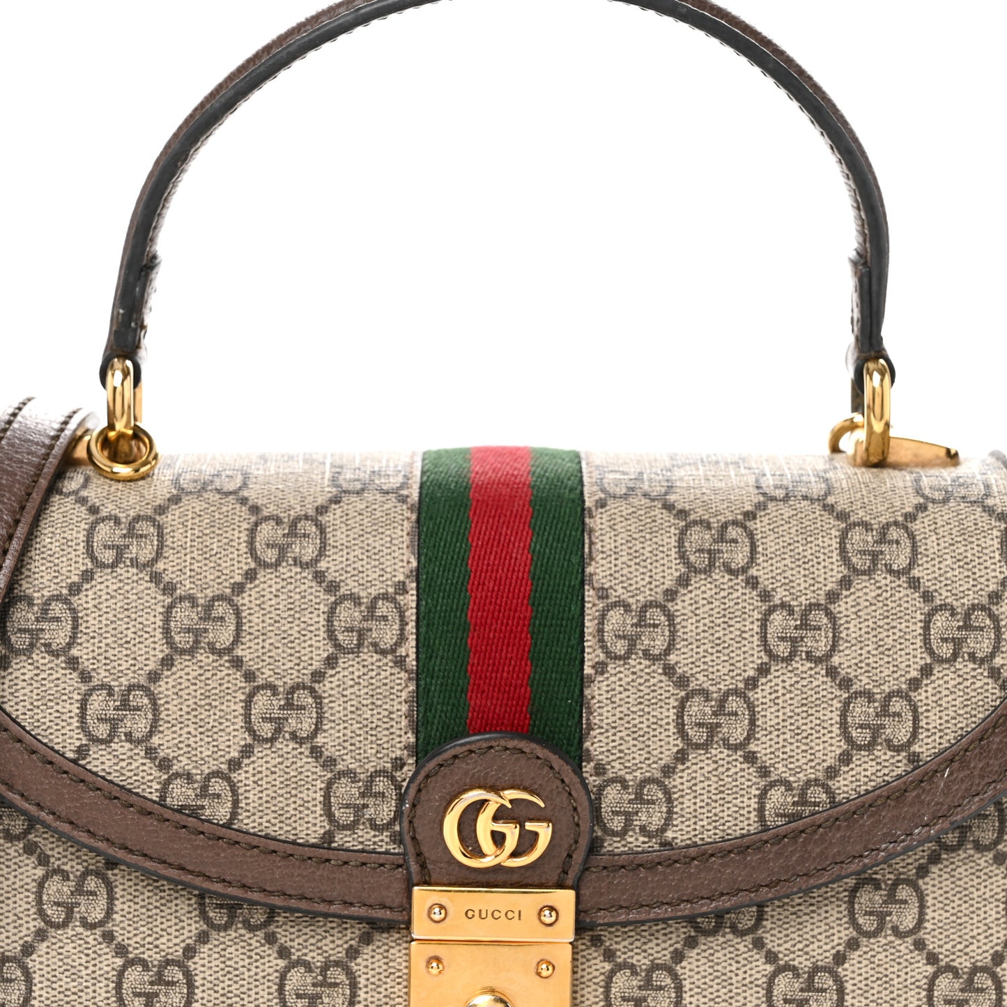 GG Supreme Monogram Textured Dollar Calfskin Web Small Ophidia Padlock Top Handle Bag Beige Ebony New Acero