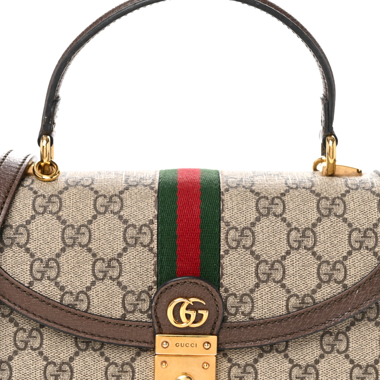 Gucci GG Supreme Monogram Textured Dollar Calfskin Web Small Ophidia Padlock Top Handle Bag Beige Ebony New Acero 8 of 13