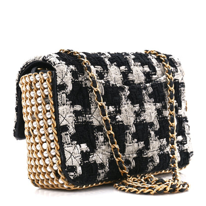 Chanel Tweed Quilted Mini Side Pearl Flap Bag Black Ecru White 3 of 11