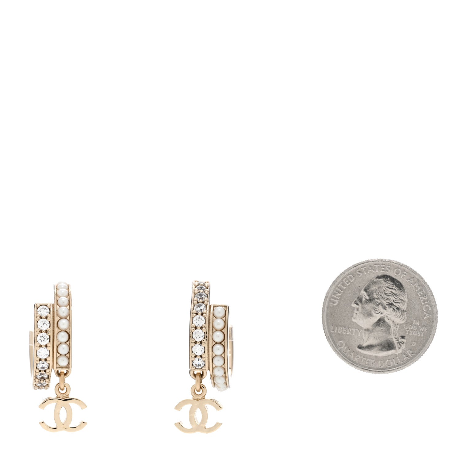 Chanel Crystal Pearl Logo Hoop CC Earrings Gold 2 of 5