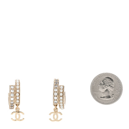Chanel Crystal Pearl Logo Hoop CC Earrings Gold 2 of 5