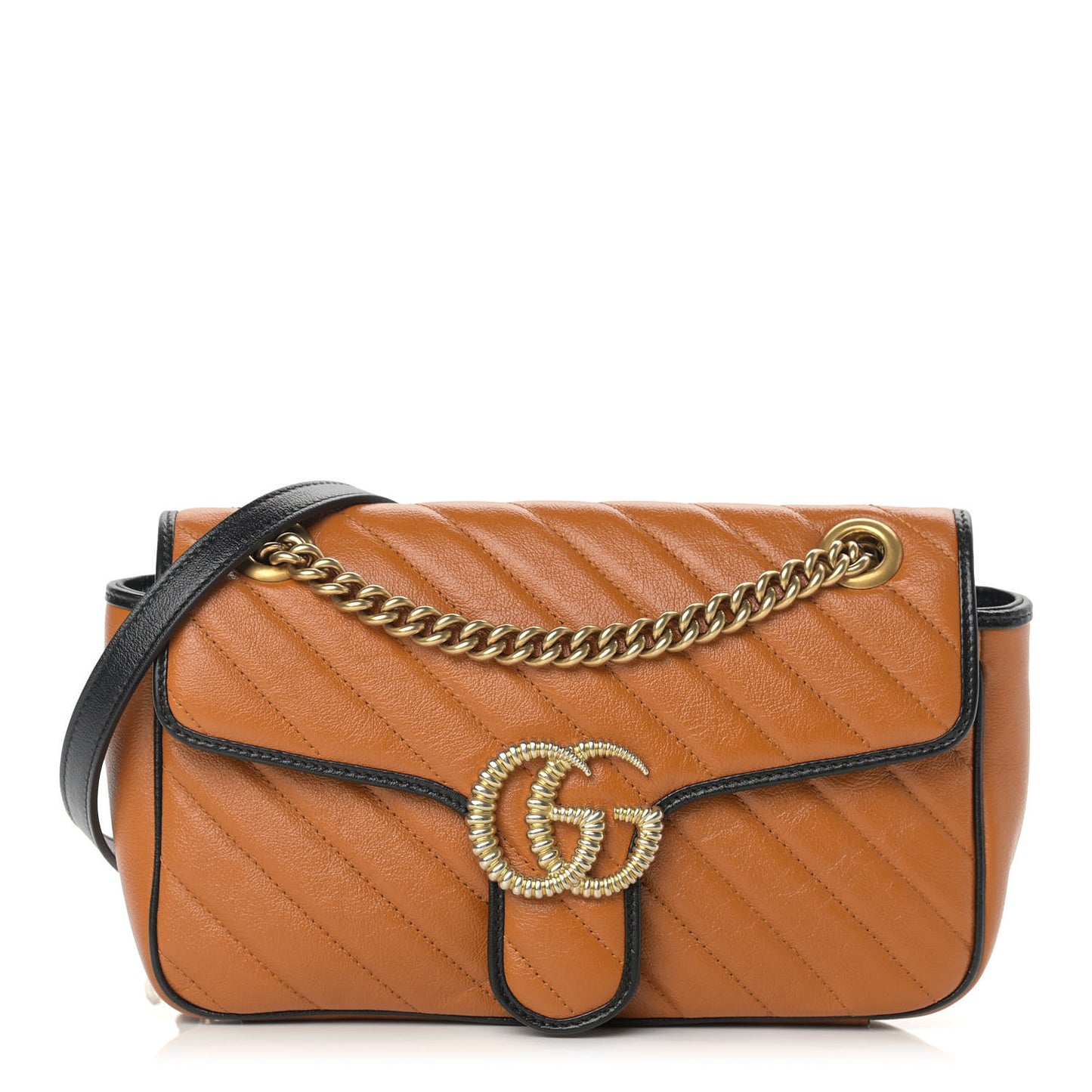 Vintage Effect Calfskin Matelasse Diagonal Small Torchon GG Marmont Shoulder Bag Cognac Black