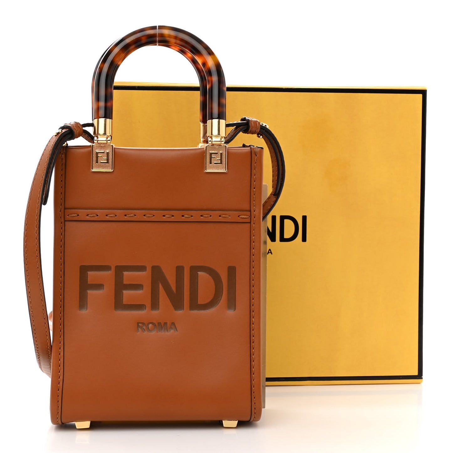 Vitello King Plexiglass Logo Embossed Mini Fendi Sunshine Shopper Tote Cuoio
