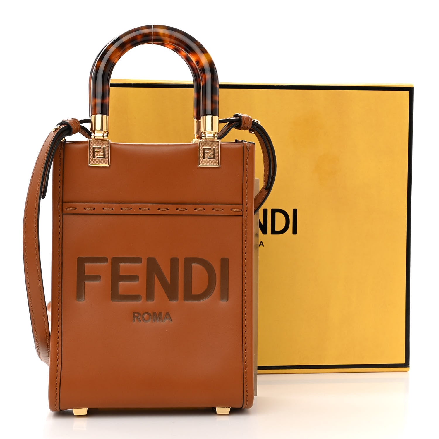 Fendi Vitello King Plexiglass Logo Embossed Mini Fendi Sunshine Shopper Tote Cuoio 10 of 10