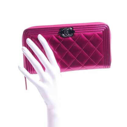 Chanel Metallic Patent Quilted Boy L-Gusset Zip Wallet Pink 2 of 9