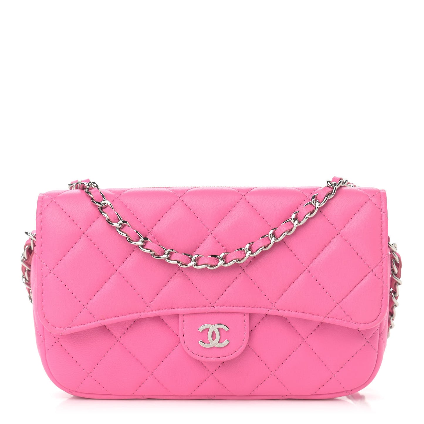 Lambskin Quilted Flap Phone Holder With Chain Neon Pink