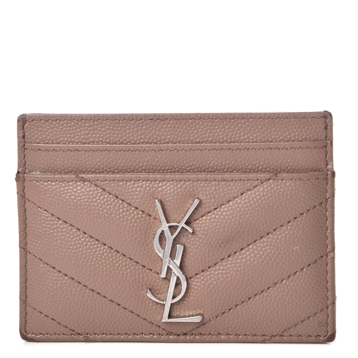 Saint Laurent Grain De Poudre Matelasse Chevron Monogram Credit Card Case Dark Beige 1 of 17