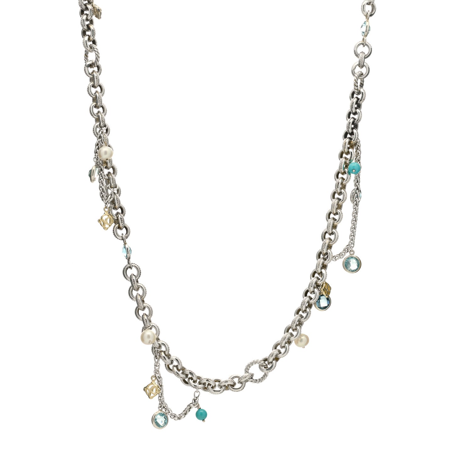 Sterling Silver 18K Yellow Gold Blue Topaz Turquoise Pearl Old World Charm Necklace