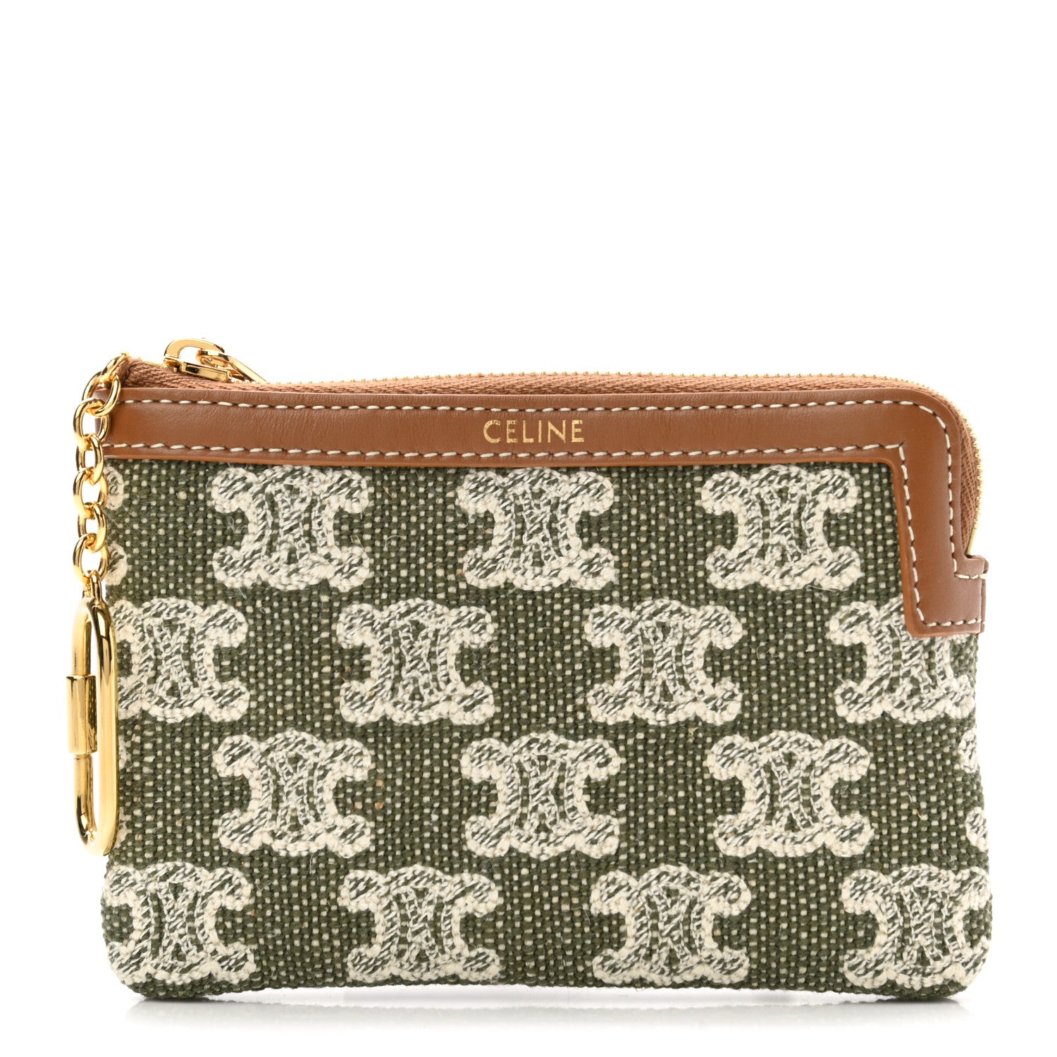 Celine Triomphe Canvas Calfskin Coin and Card Pouch Khaki 1 of 7