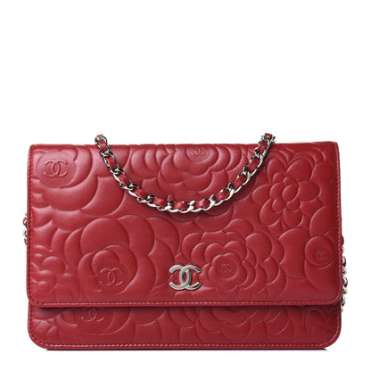 Chanel Lambskin Camellia Embossed Wallet On Chain WOC Red 1 of 4