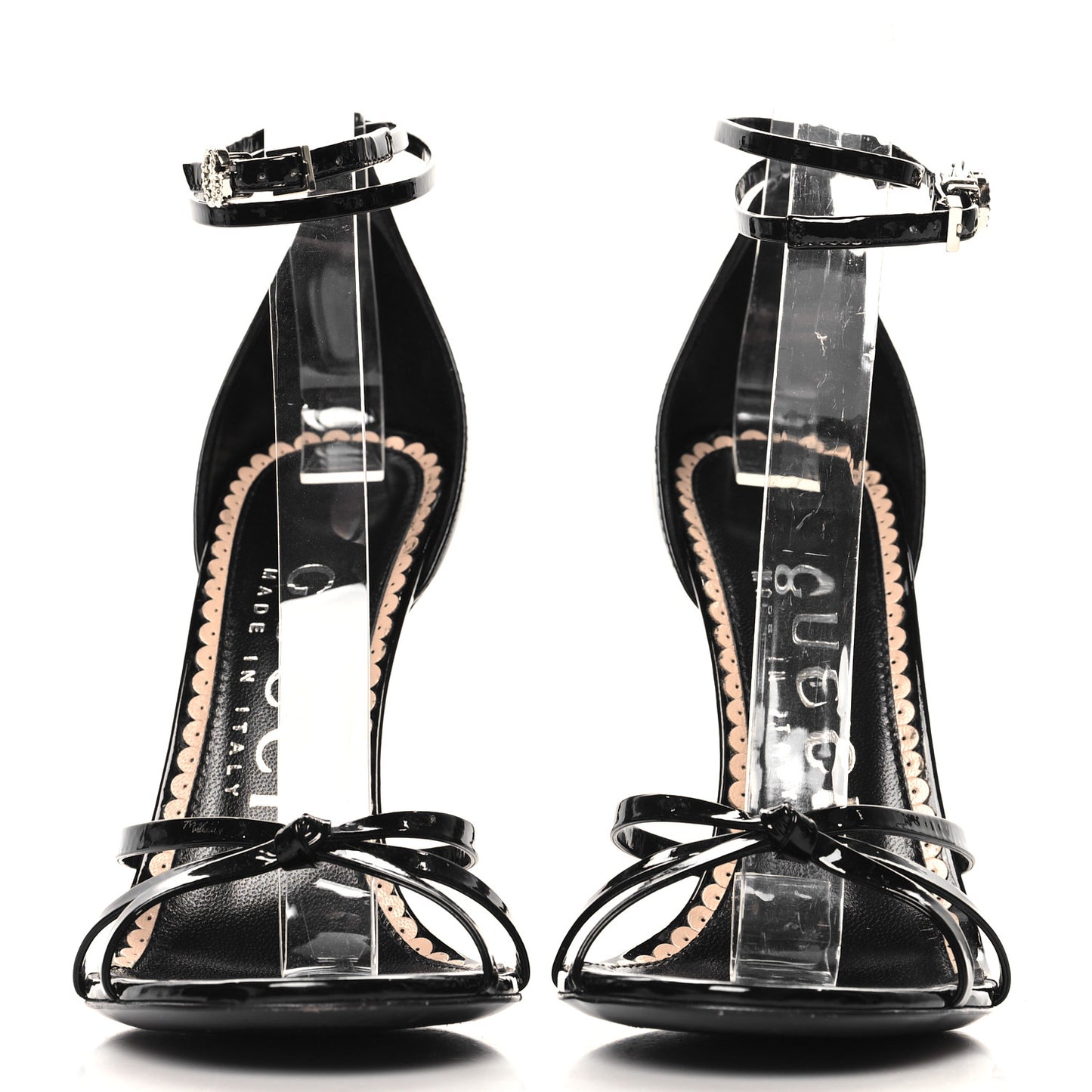 Patent Crystal Double G Ankle Wrap Sandals 37 Black