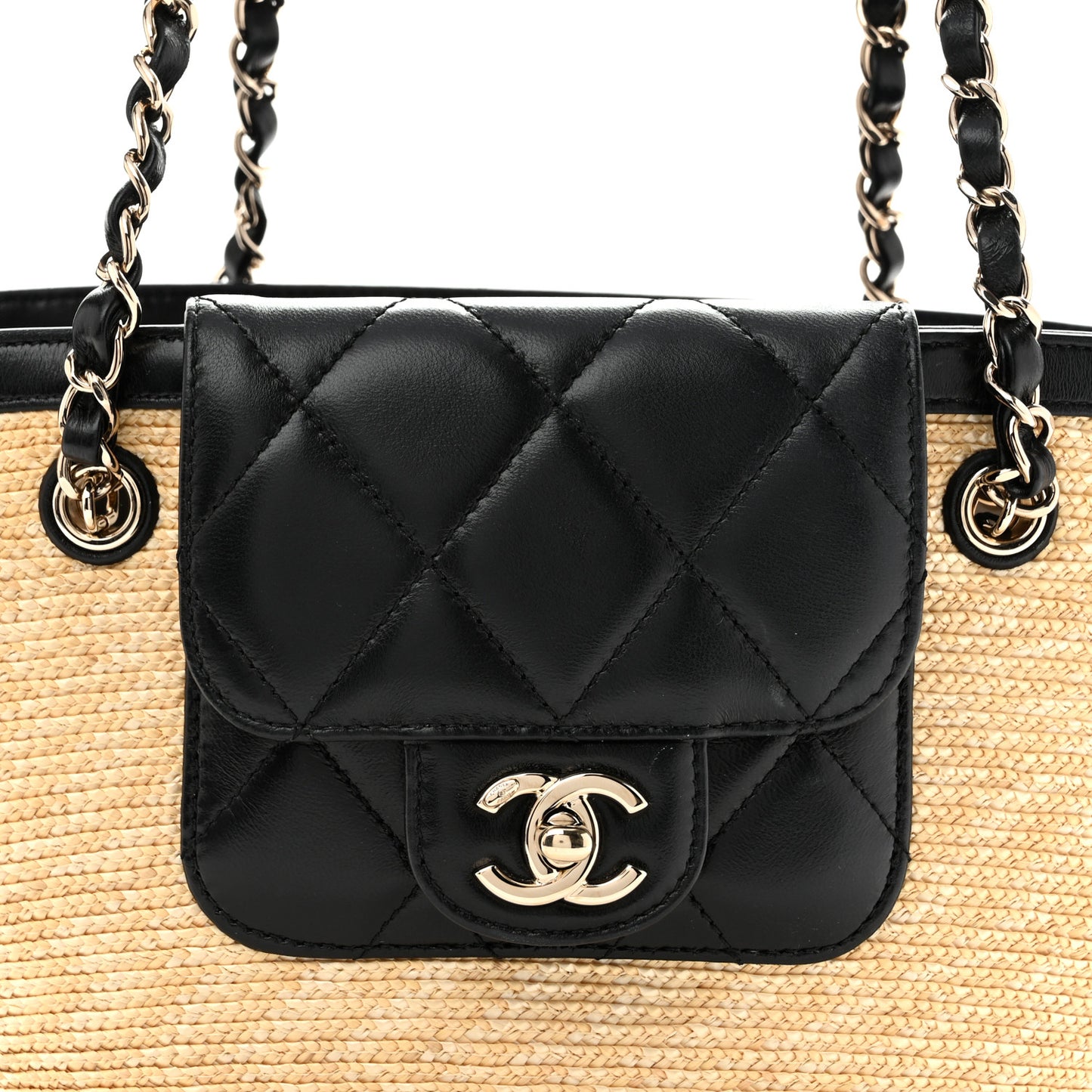 Raffia Braided Lambskin Small Shopping Tote Beige Black