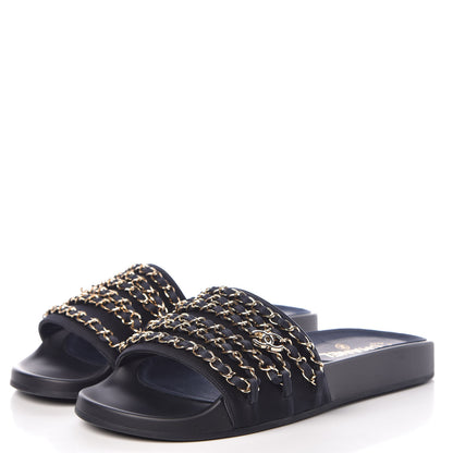 Chanel Canvas Chain Flat Sandals 40 Marine 3 of 11