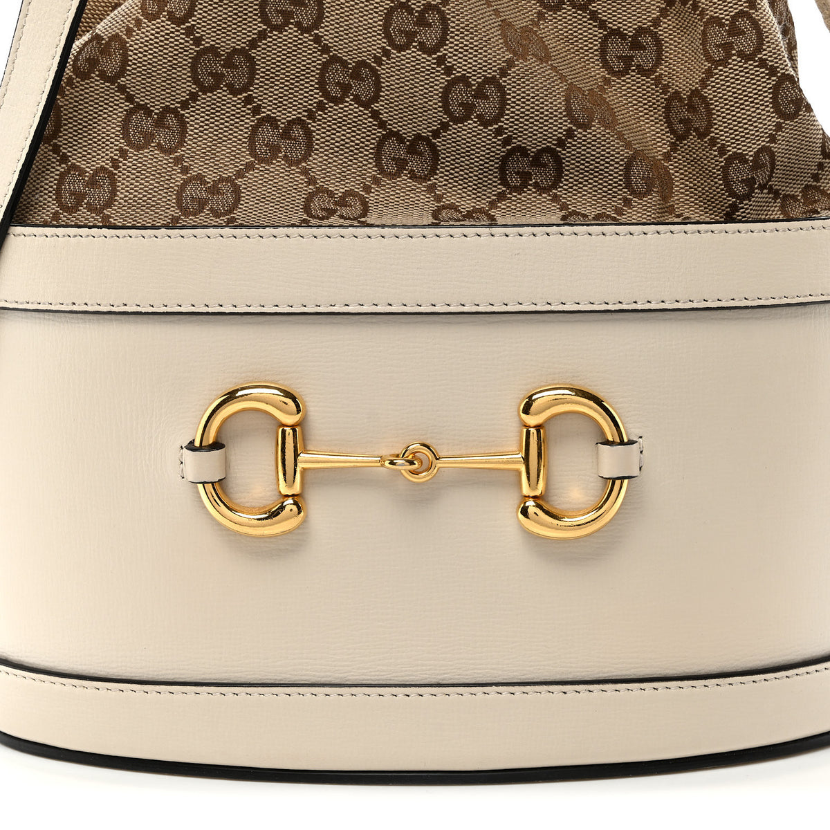 Monogram Textured Calfskin Horsebit 1955 Drawstring Bucket Bag Beige Mystic White