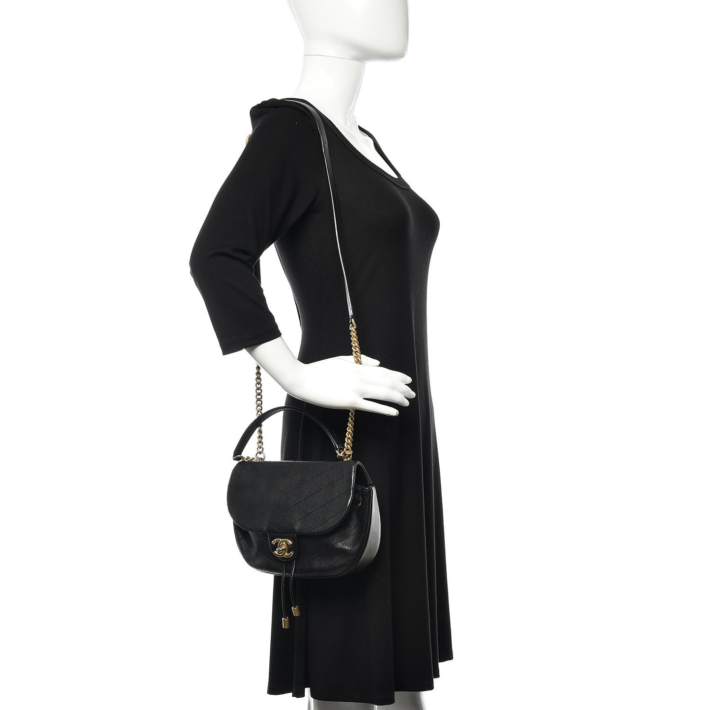 Calfskin Chevron Stitched Flap Black