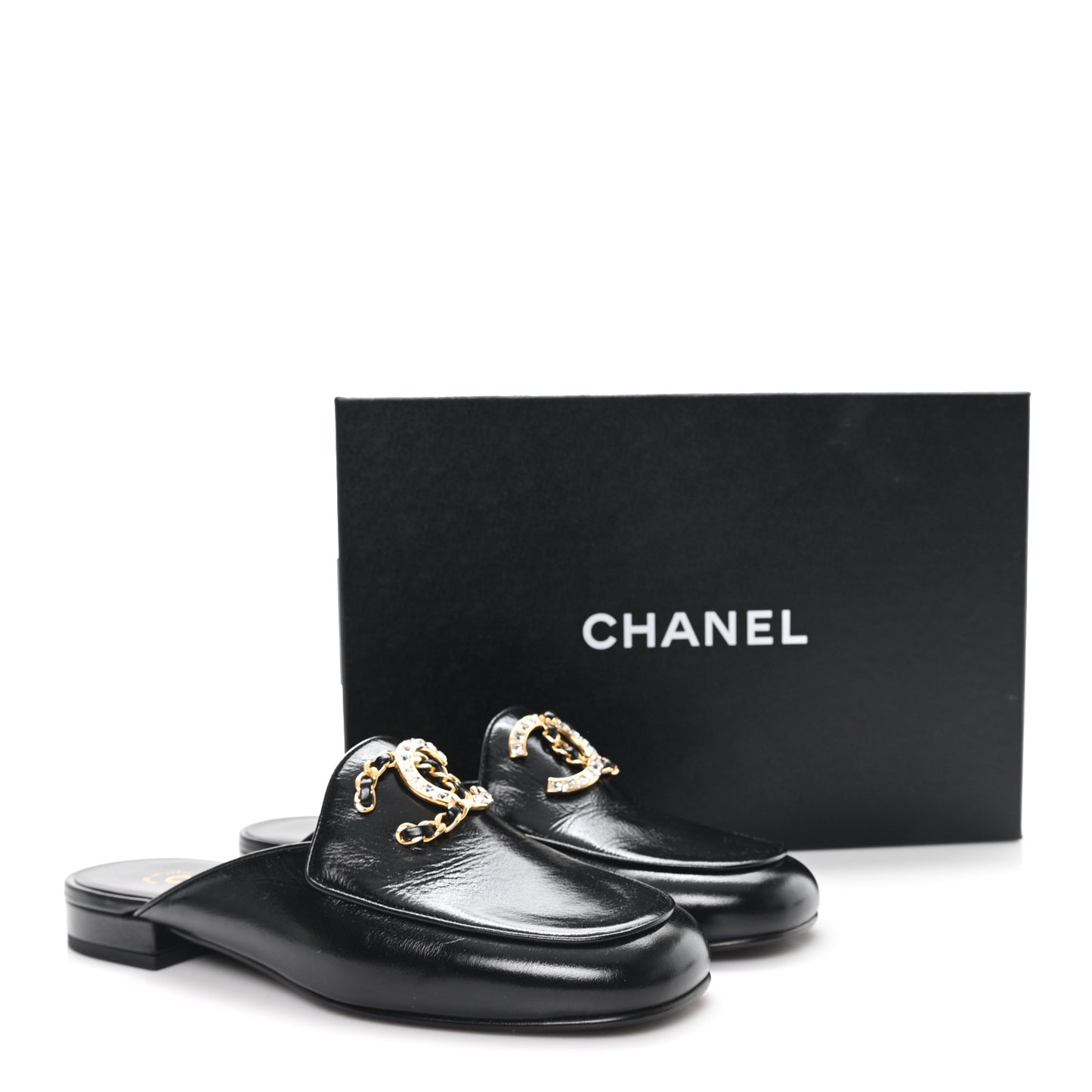 Shiny Calfskin Crystal CC Mules 38 Black