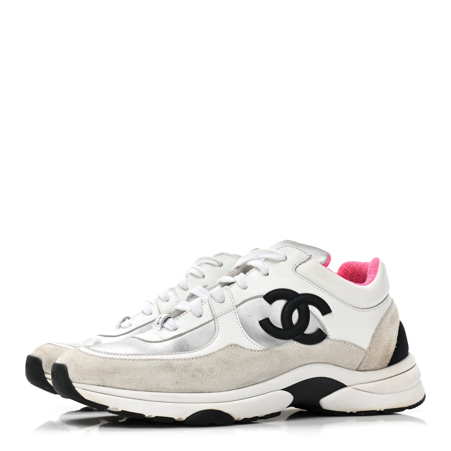 Calfskin Fabric Sneakers 38.5 White Silver Fluo Pink