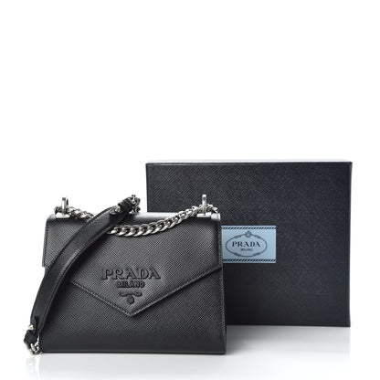 Prada Saffiano Cuir Calfskin Monochrome Envelope Flap Chain Shoulder Bag Black 11 of 11