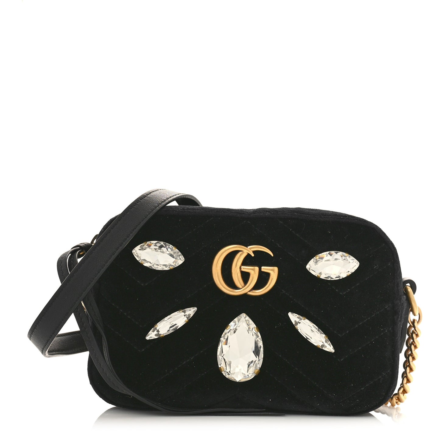 Velvet Matelasse Marquise Crystals Mini GG Marmont Chain Shoulder Bag Black