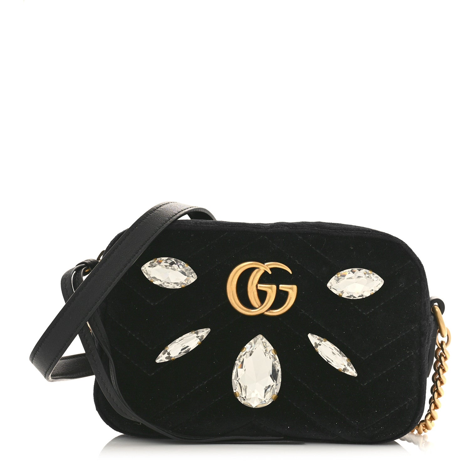 Gucci Velvet Matelasse Marquise Crystals Mini GG Marmont Chain Shoulder Bag Black 1 of 9