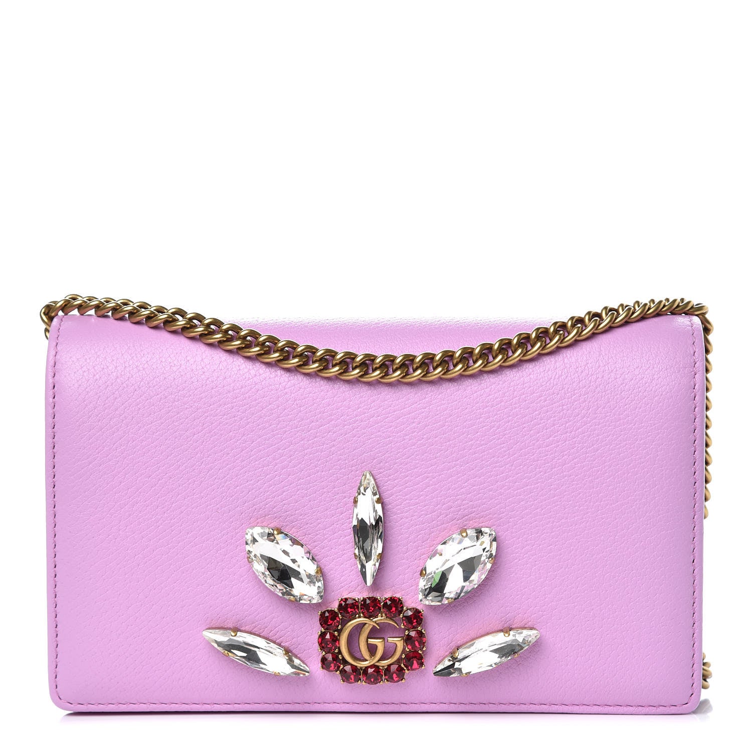 Gucci Calfskin Marquise Crystals Mini GG Chain Wallet Malva 1 of 8