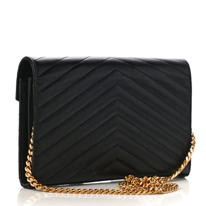 Saint Laurent Grain De Poudre Matelasse Chevron Monogram Chain Wallet Black 3 of 11
