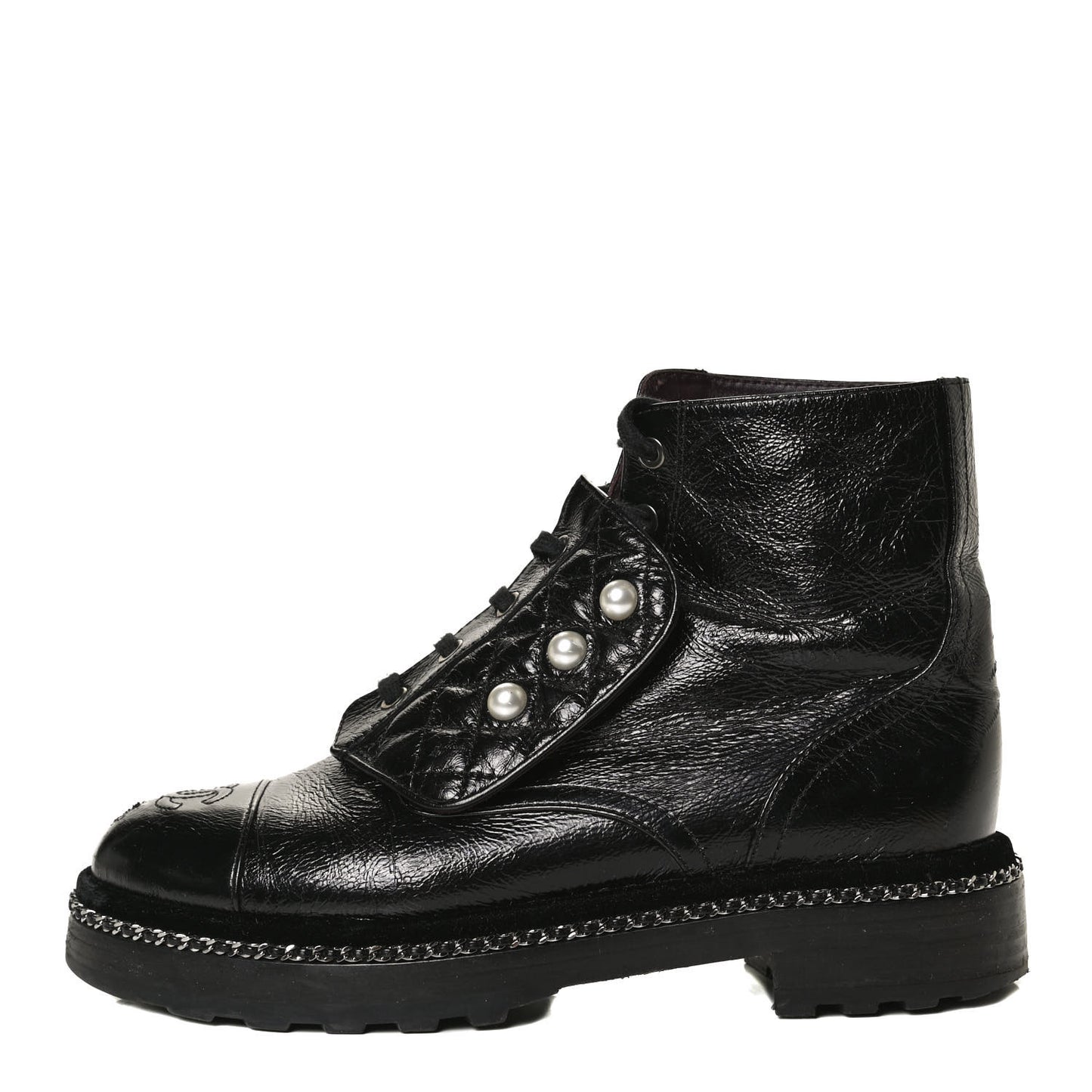 Crackled Calfskin Velvet Pearl Combat Short Boots 38.5 Black