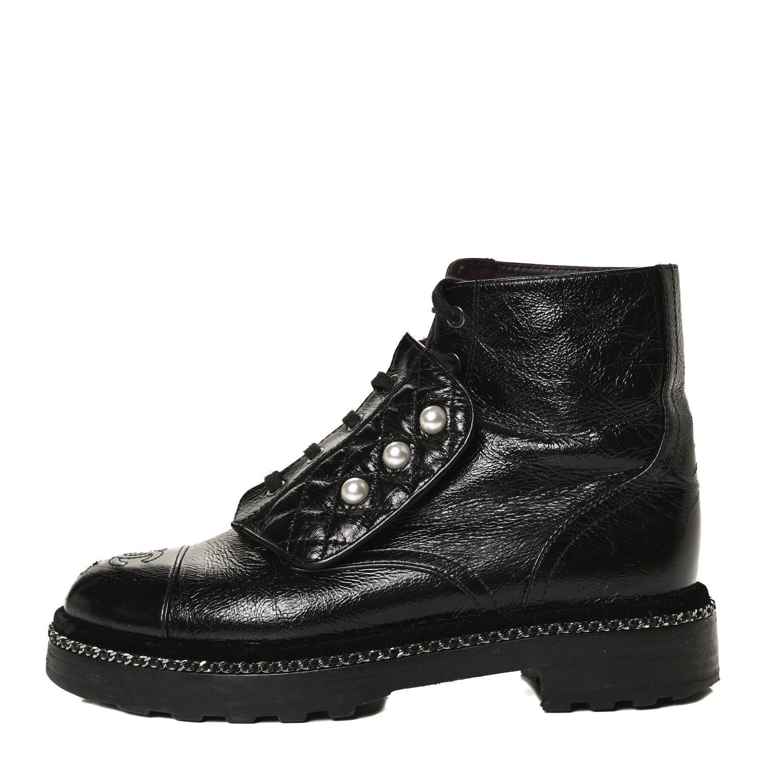 Chanel Crackled Calfskin Velvet Pearl Combat Short Boots 38.5 Black 1 of 8