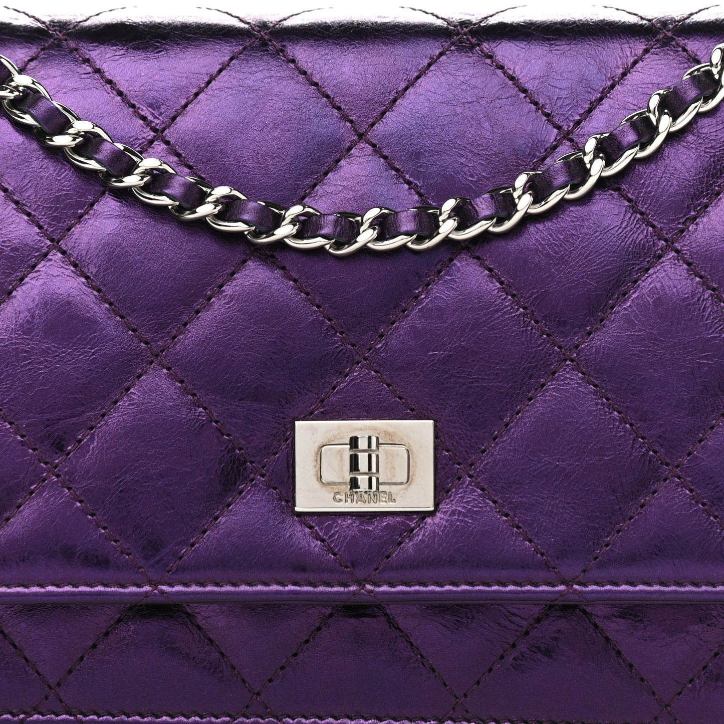 Metallic Aged Calfskin Quilted 2.55 Reissue Wallet on Chain WOC Purple