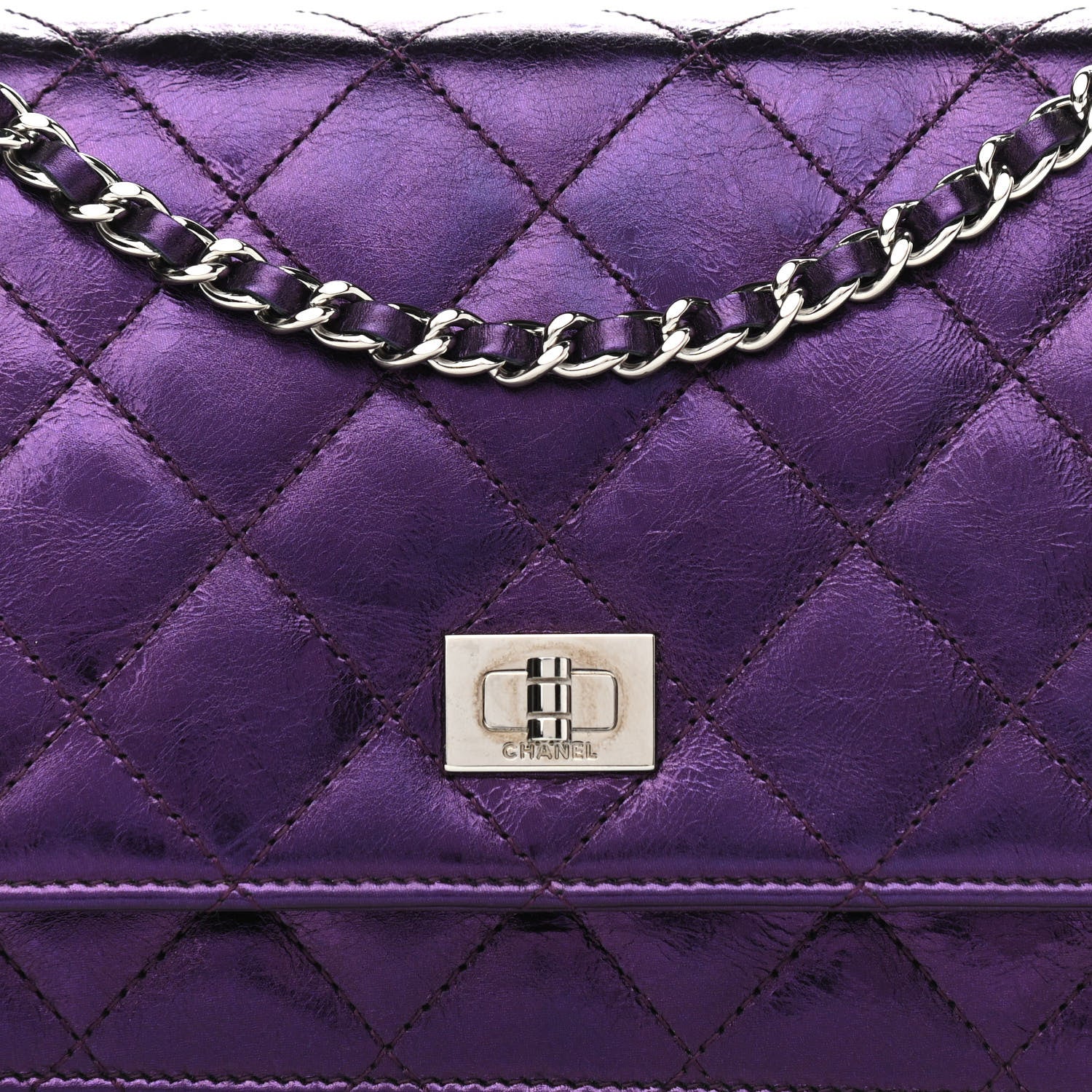 Chanel Metallic Aged Calfskin Quilted 2.55 Reissue Wallet on Chain WOC Purple 8 of 10