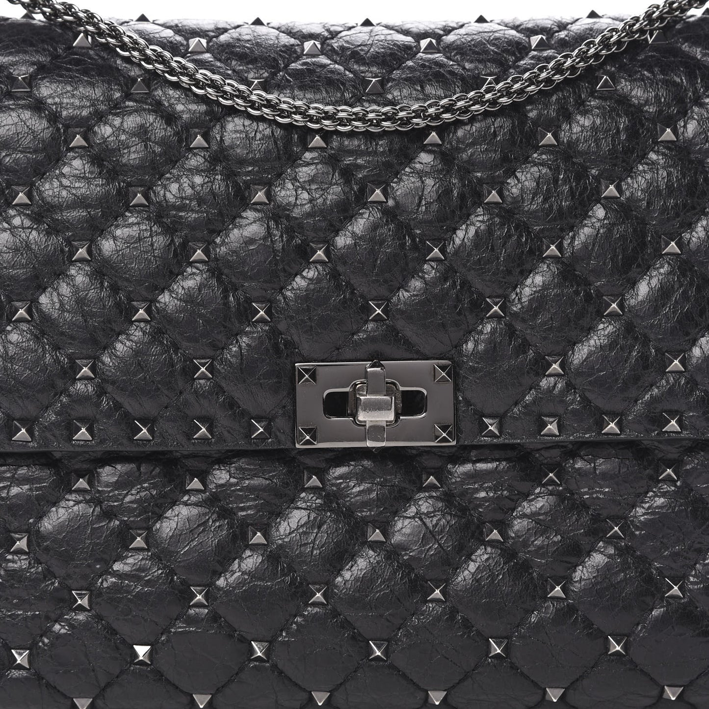 Craquele Nappa Large Rockstud Spike Shoulder Bag Black
