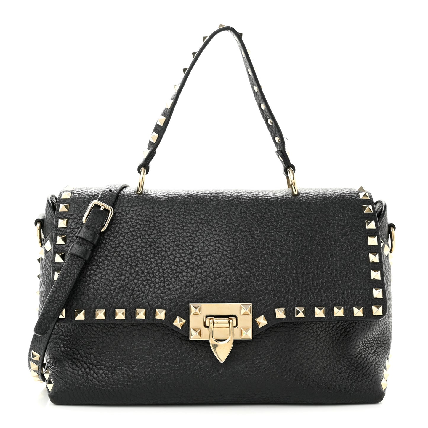 Pebbled Calfskin Medium Rockstud Top Handle Shoulder Bag Black