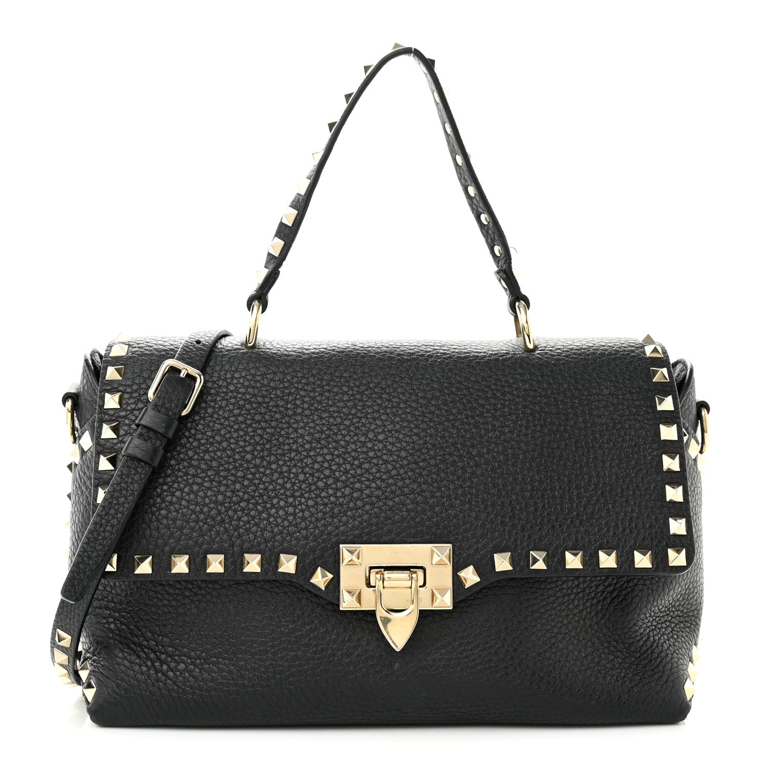 Valentino Garavani Pebbled Calfskin Medium Rockstud Top Handle Shoulder Bag Black 1 of 13