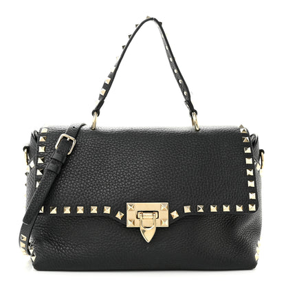 Valentino Garavani Pebbled Calfskin Medium Rockstud Top Handle Shoulder Bag Black 1 of 13