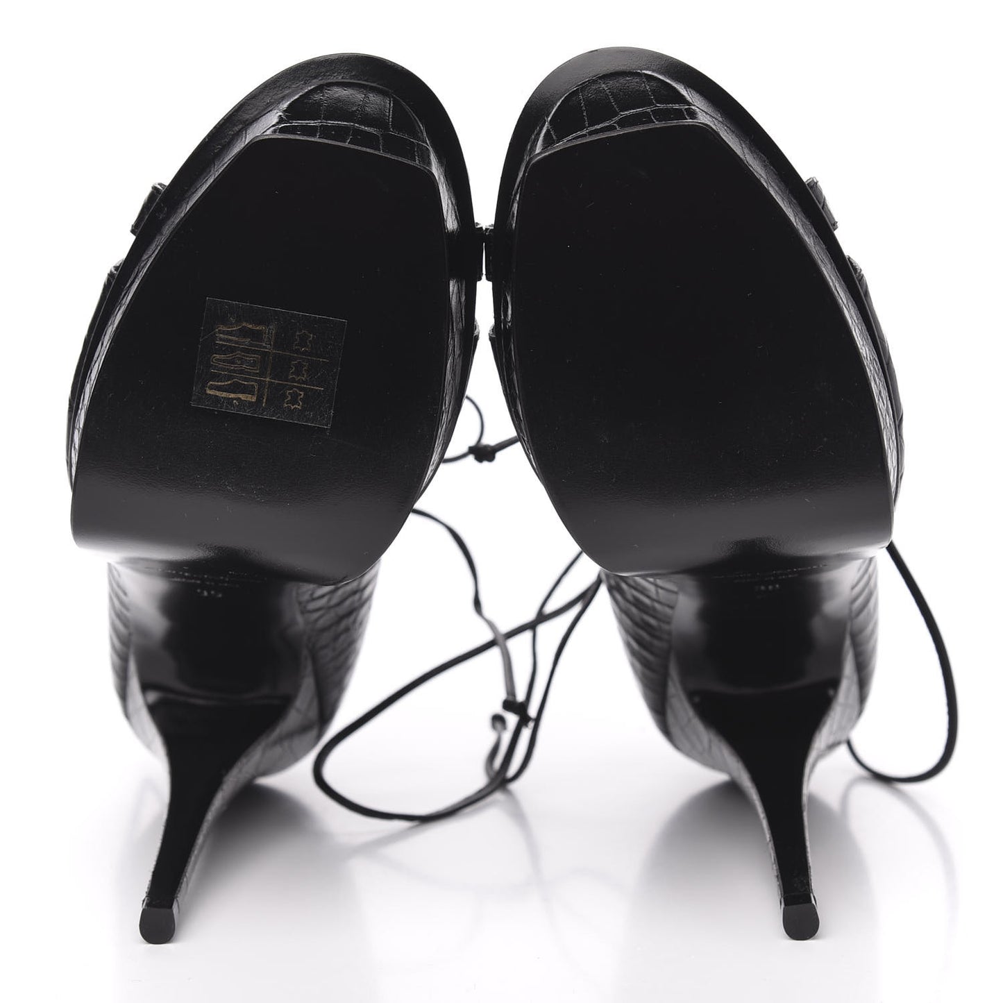 Calfskin Crocodile Embossed Tribute 16 Lace Up Platform Sandals 39 Black